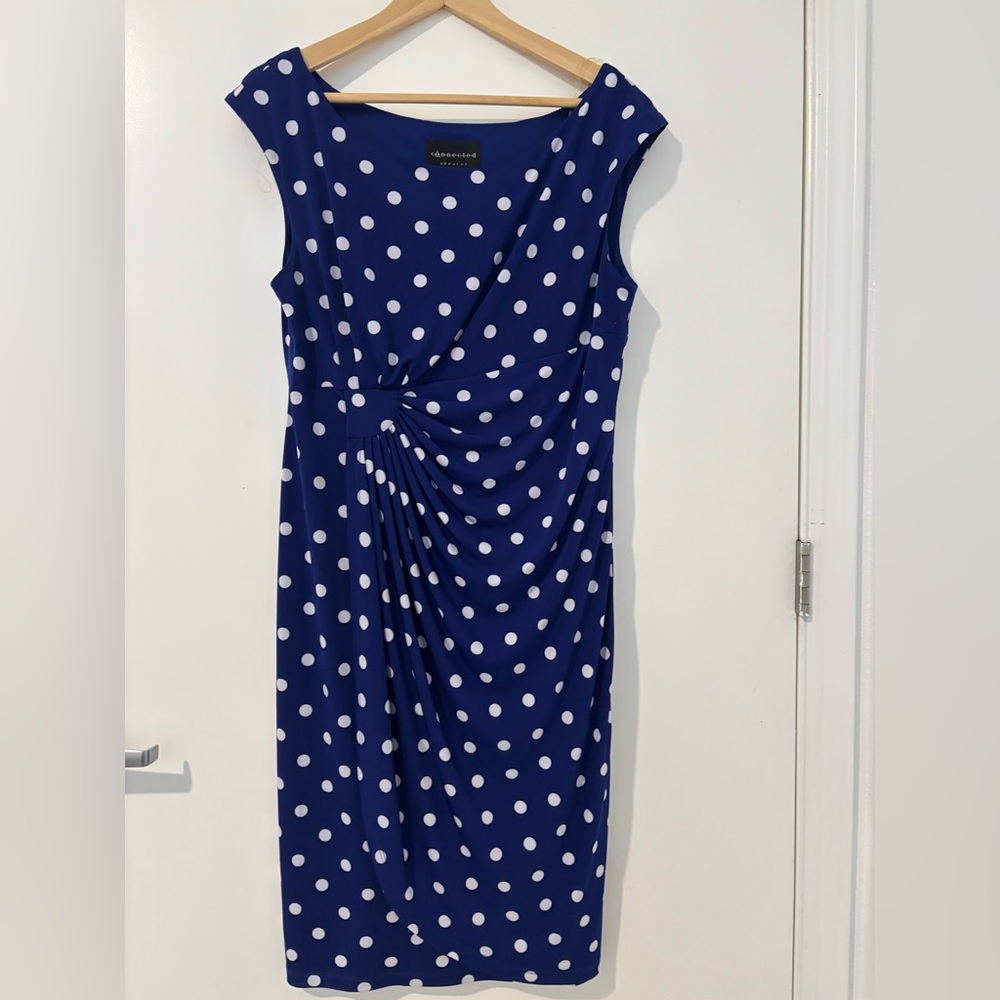 Connected Apparel Blue and White Ruched Midi Dress